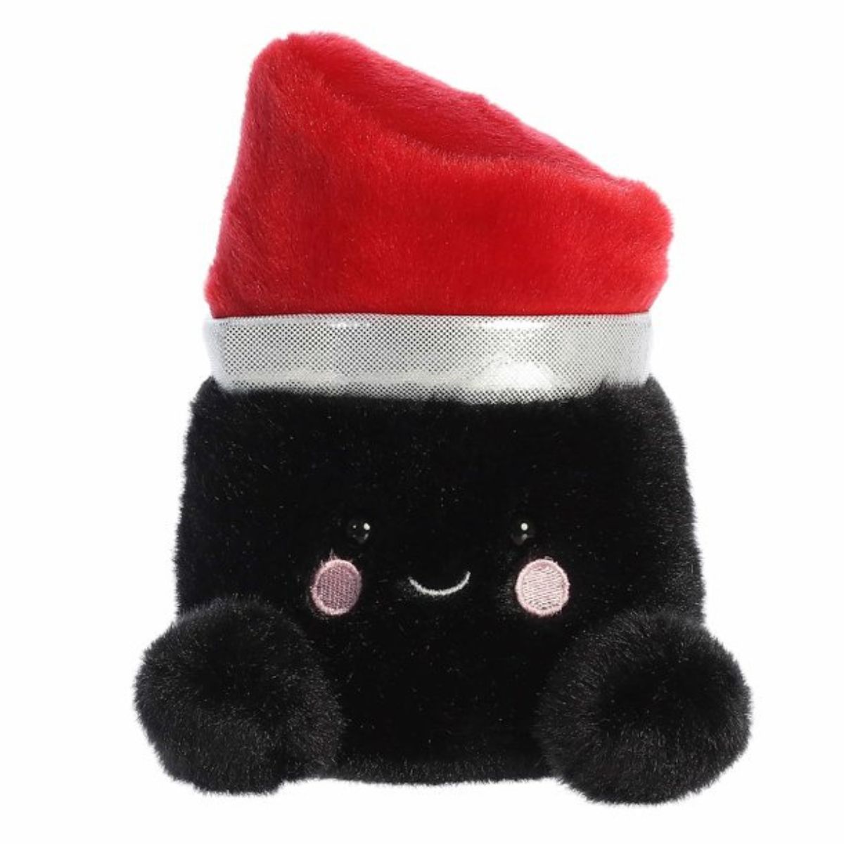 Straight-on front view of the lipstick stuffed animal highlighting its sweet stitched smile, embroidered pink cheeks, and small black hands.