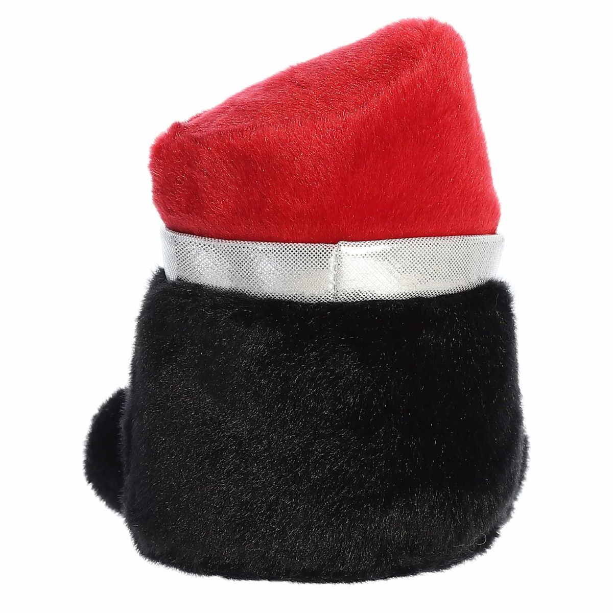 Rear view of the lipstick plush from behind showcasing its clean black plush fabric and two-tone silver and red top accent.