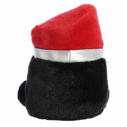 Rear view of the lipstick plush from behind showcasing its clean black plush fabric and two-tone silver and red top accent.