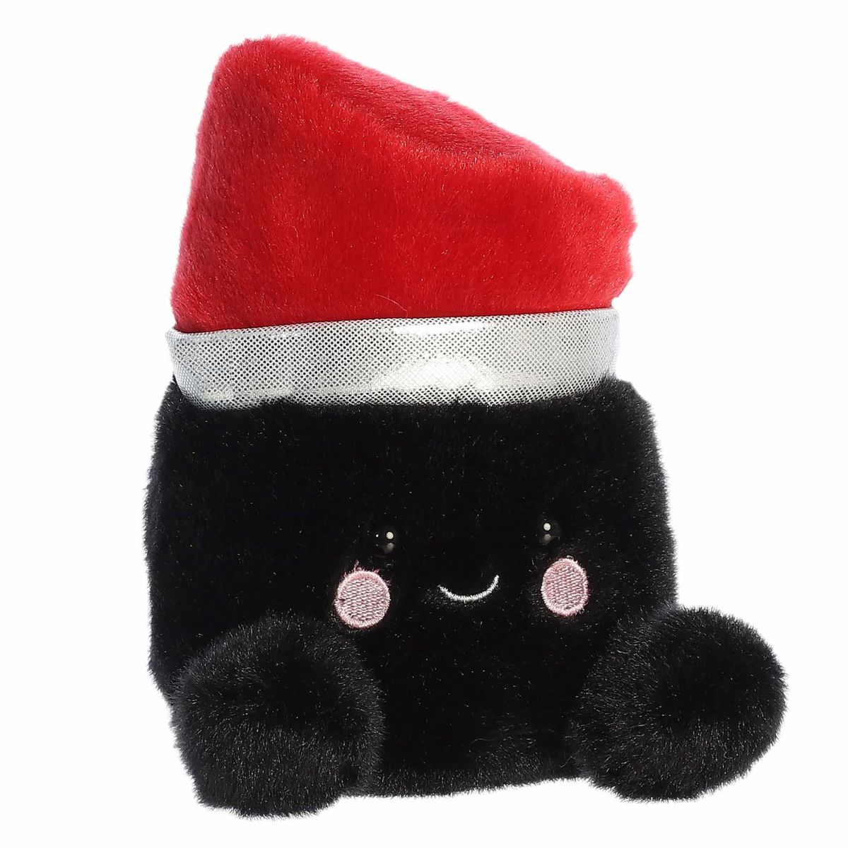 Three-quarter view of the Aurora Palm Pals Lori Lipstick 5-inch plush sitting upright, featuring a black base, silver metallic trim, and a red lipstick tip.