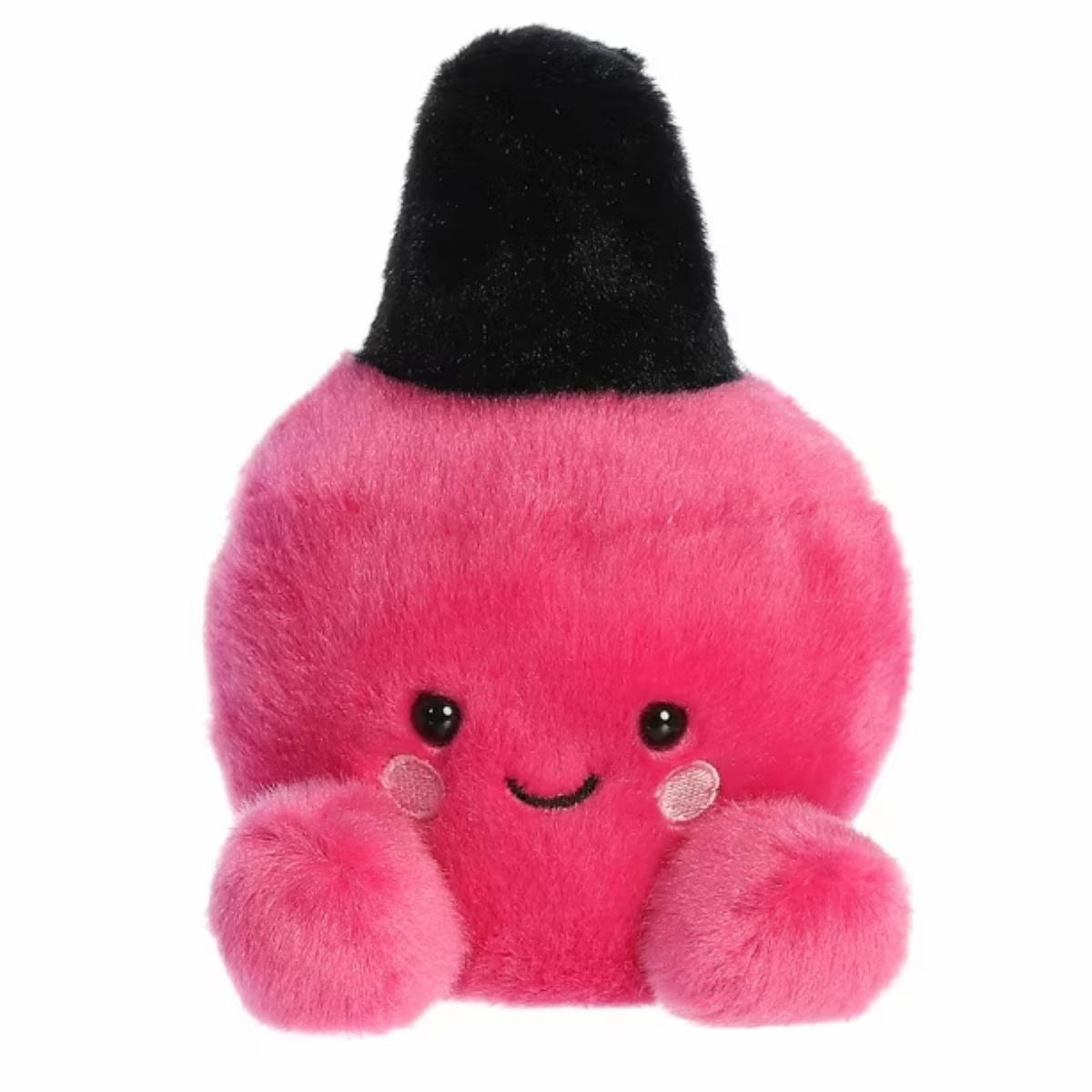 Straight-on front view of the nail polish stuffed animal highlighting its sweet stitched smile, dark eyes, and small pink hand nubs.