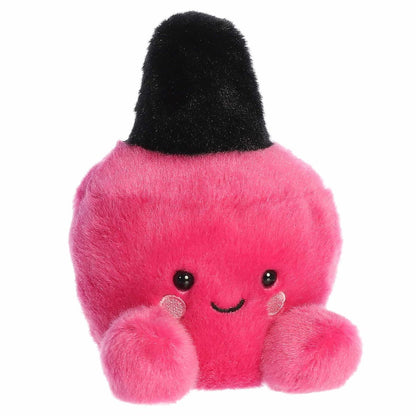Three-quarter view of the Aurora Palm Pals Kitty Nail Polish 5-inch plush sitting upright, featuring a hot-pink bottle body and a black cap.