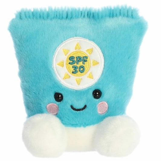 Straight-on front view of the sunscreen stuffed animal highlighting its sweet stitched smile, dark eyes, yellow sun logo, and small white hand nubs.