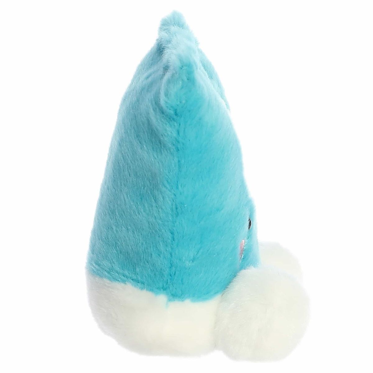 Right side profile view of the blue sunscreen plush showing its tapered squeeze-tube silhouette and round white hand.