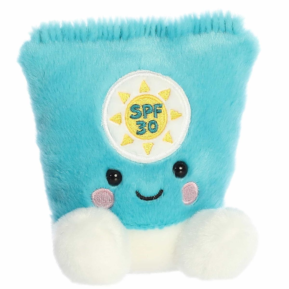 Three-quarter view of the Aurora Palm Pals Clara Sunscreen 5-inch plush sitting upright, featuring a sky-blue bottle body, white cap base, and an SPF 30 sun emblem.