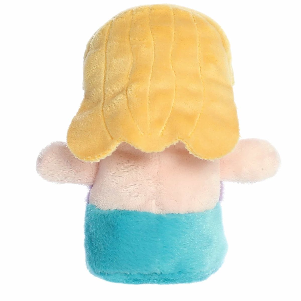 Rear view of the mermaid plush from behind showcasing its long sunshine-yellow plush hair and solid teal lower body.