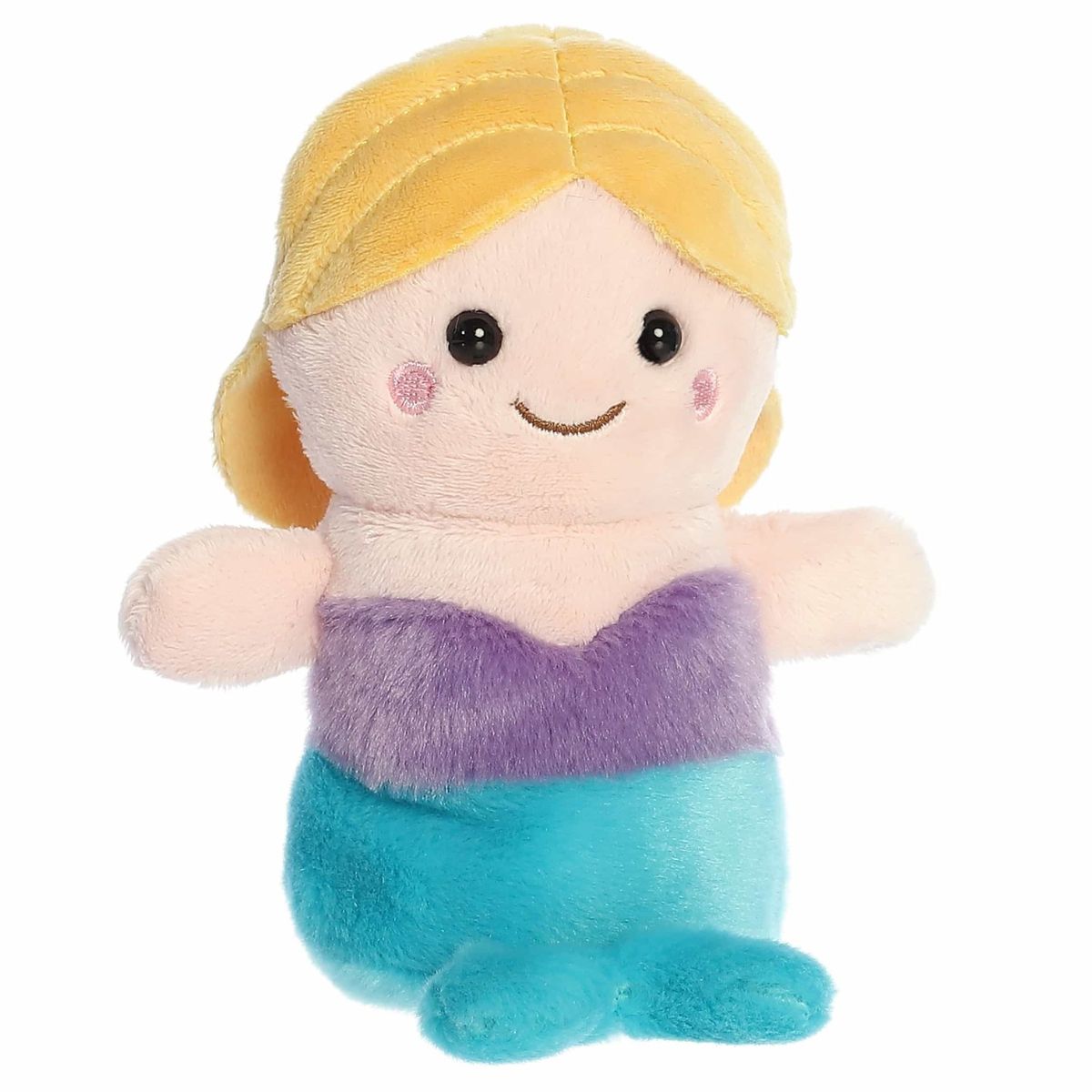 Three-quarter view of the Aurora Palm Pals Serena Mermaid 5-inch plush sitting upright, featuring yellow hair, a purple top, and a teal mermaid tail.