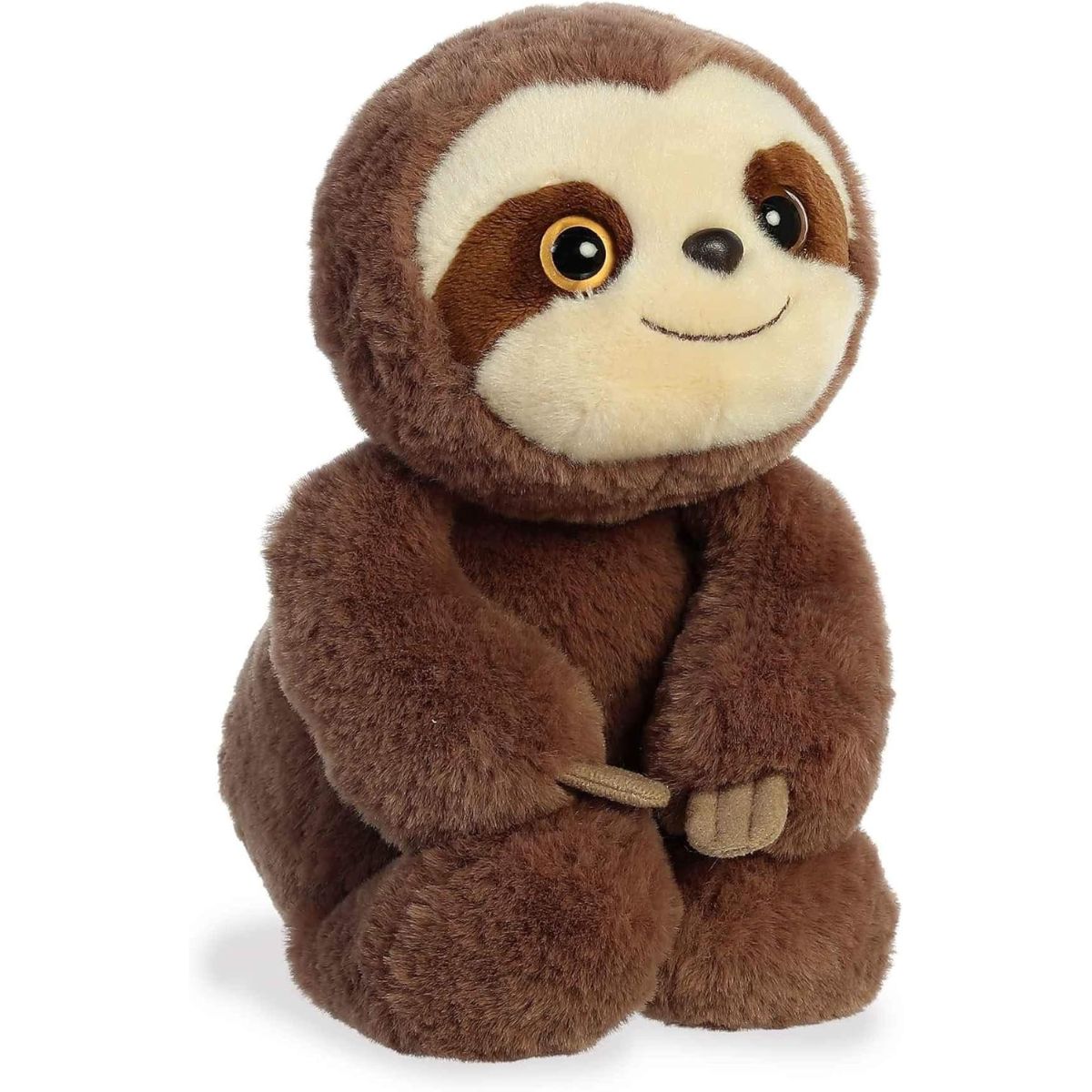 Angled front view of the sloth stuffed animal highlighting its long arms and soft sitting posture.