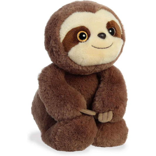 Angled front view of the sloth stuffed animal highlighting its long arms and soft sitting posture.