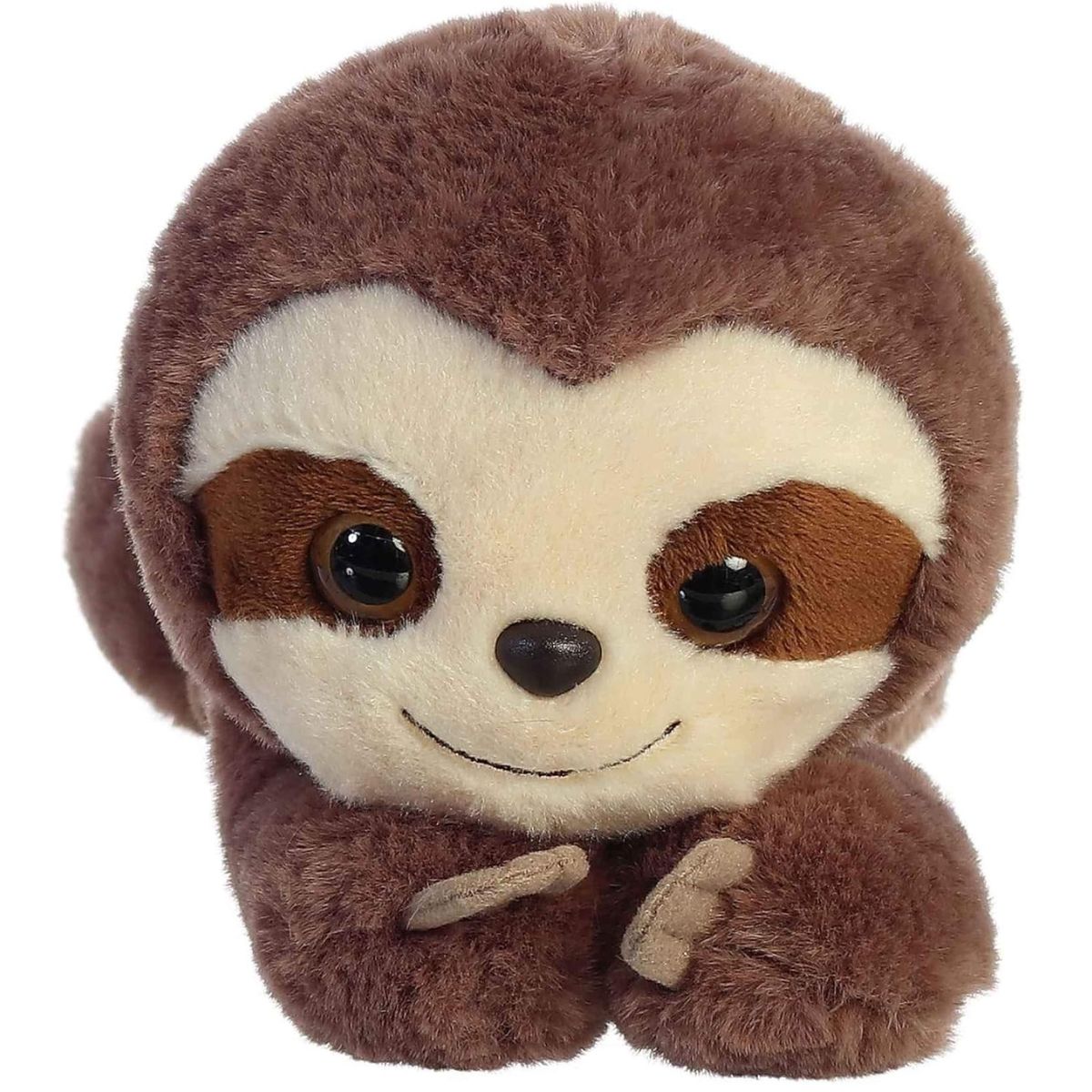 Close-up view of the sloth's face highlighting its signature brown eye patches and friendly stitched grin.