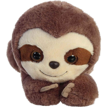 Close-up view of the sloth's face highlighting its signature brown eye patches and friendly stitched grin.