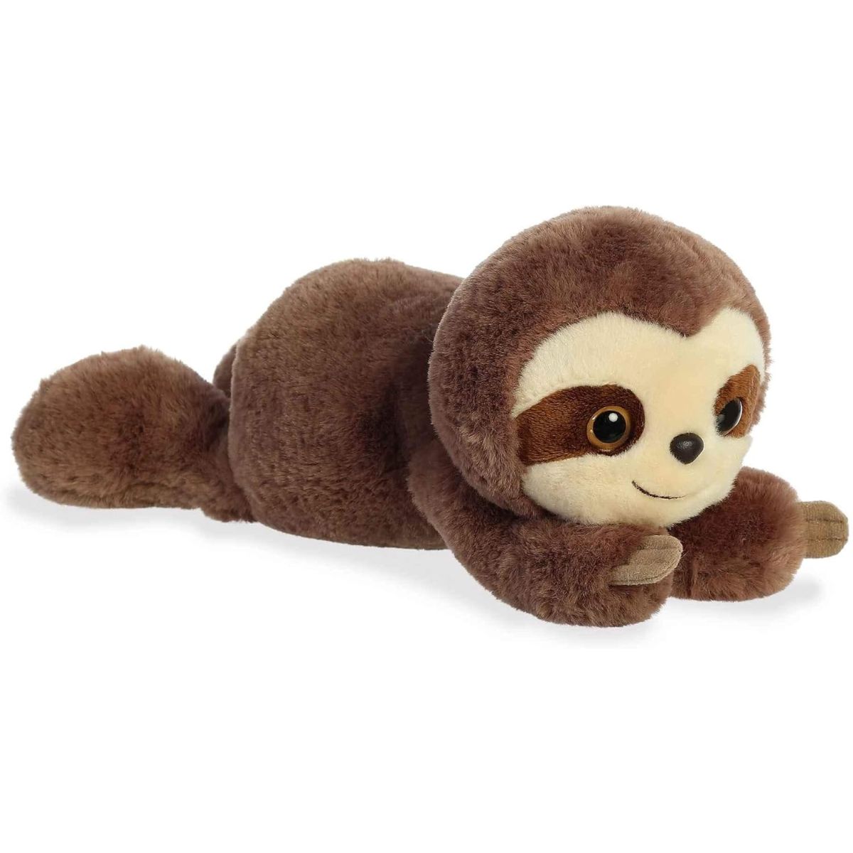 Side view of the Smiles Sloth resting on its belly, showing its floppy, bean-filled body.