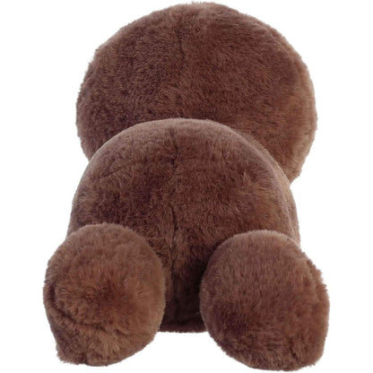 Rear view of the sloth plush highlighting its soft, round cocoa-brown back.