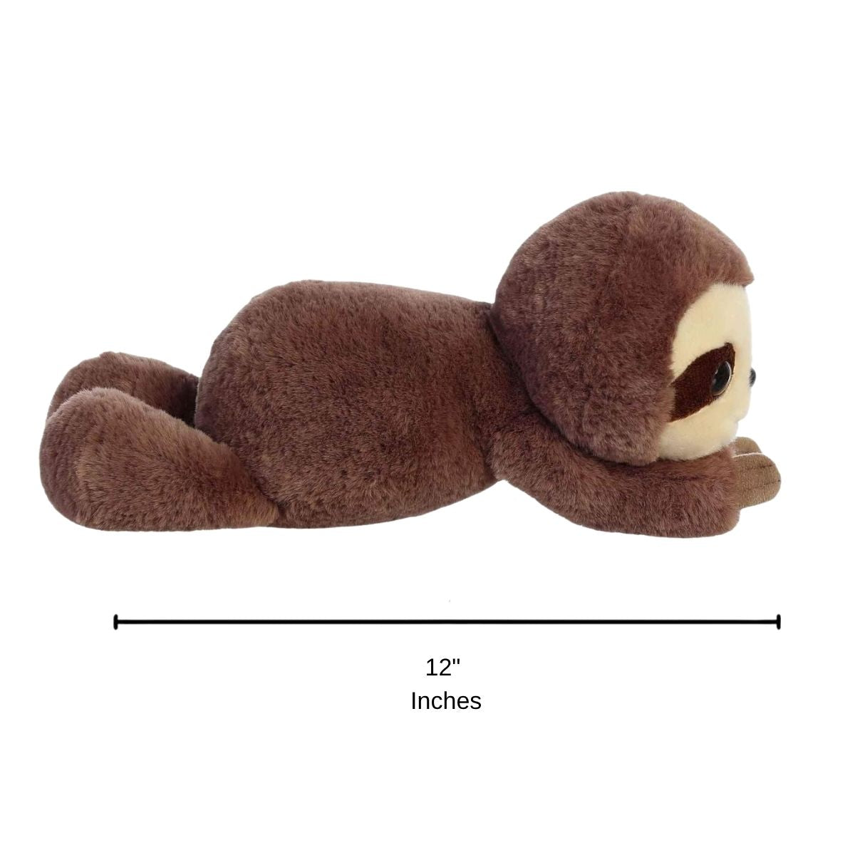 Side view of the Aurora Flopsie sloth plush resting on its belly with a dimension line indicating its 12-inch length.