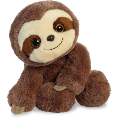 Straight-on front view of the Aurora Flopsie Smiles Sloth 12-inch plush sitting upright, featuring soft brown fur and a sweet smile.