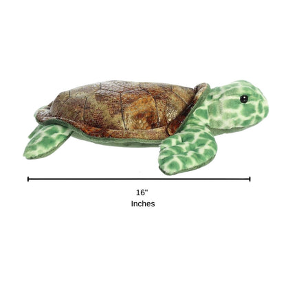 Side view thumbnail of the Splish Sea Turtle plush next to a 16-inch length measurement graphic indicator.