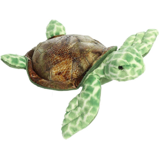 Aurora 16-inch Super Flopsie Splish Sea Turtle plush toy showing its marbled brown shell, mottled green and cream flippers, and realistic resting pose.