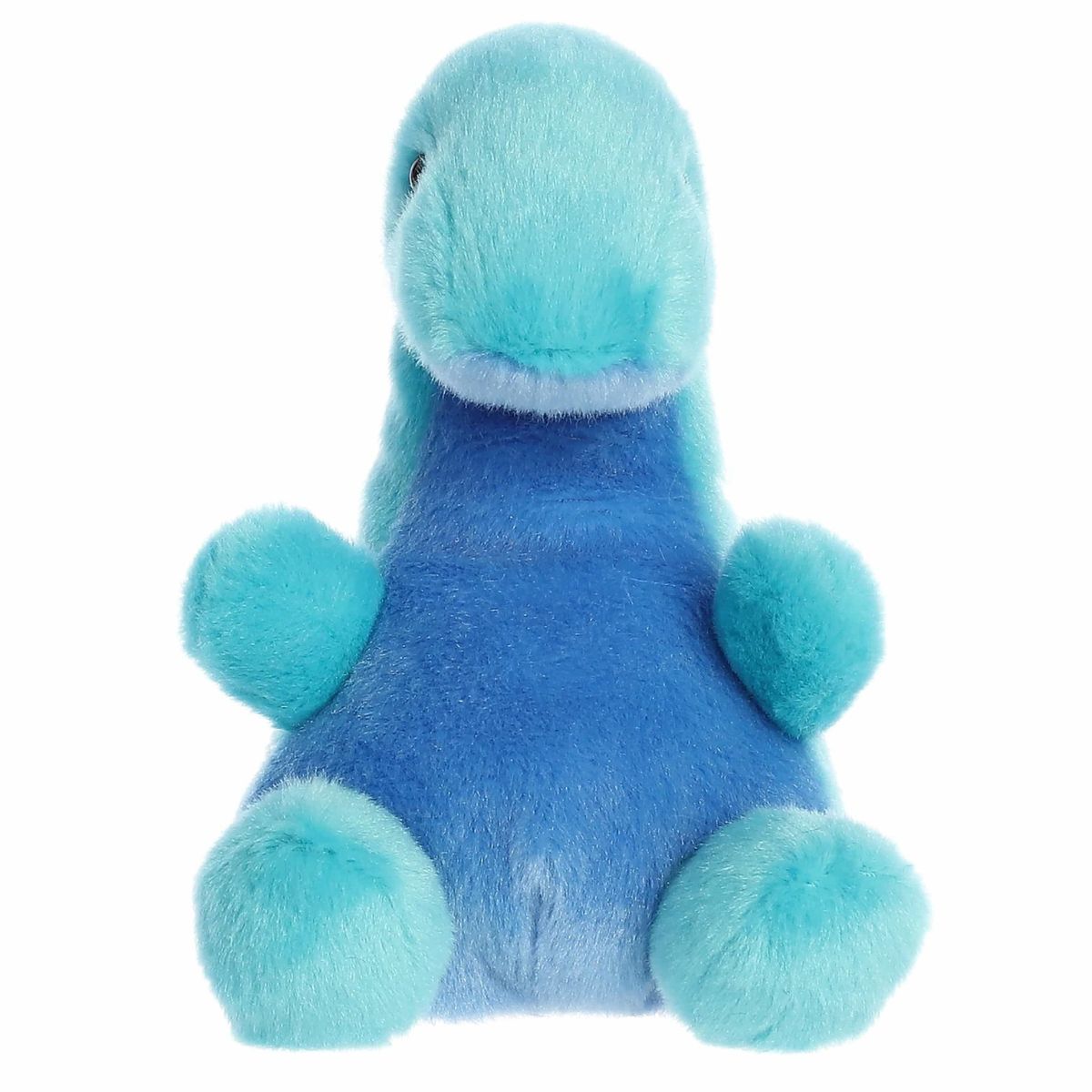 Straight-on front view of the Loch Ness monster stuffed animal highlighting its two-tone blue body, small dark eyes, and seated posture.