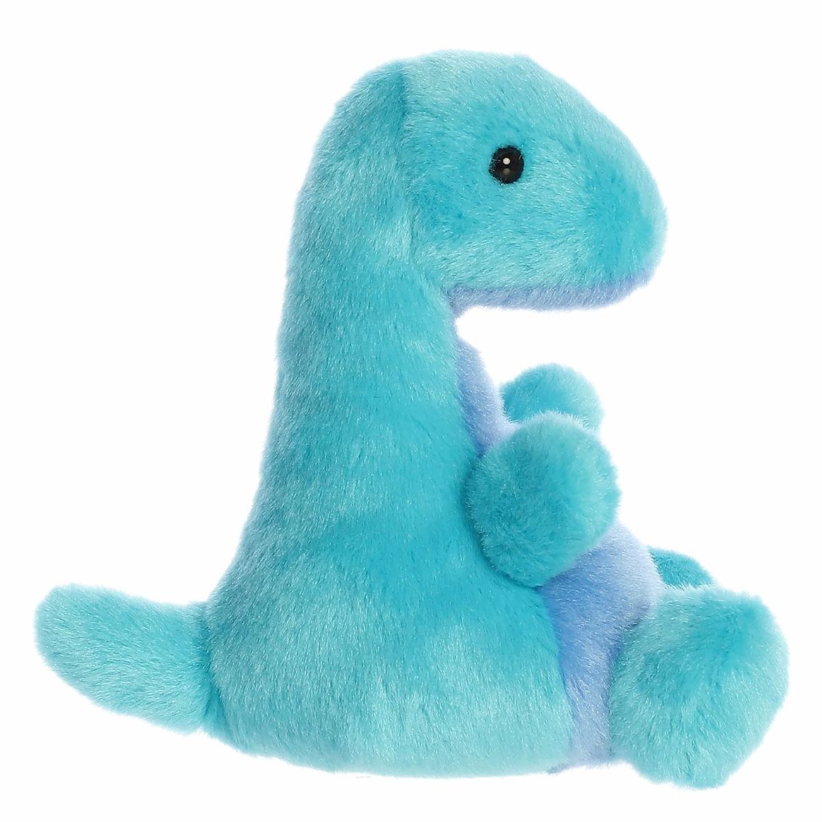 Left side profile view of the blue sea monster plush showing its rounded head, curved neck, and extended aqua tail.