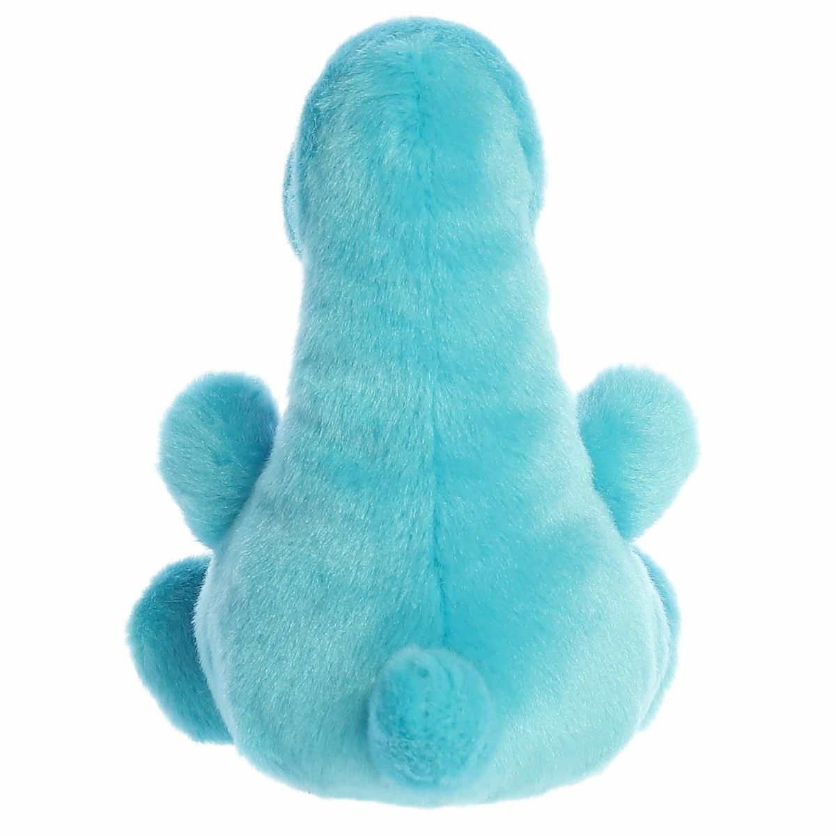 Rear view of the Loch Ness monster plush from behind showcasing its solid aqua-blue back fur and neat seam stitching.