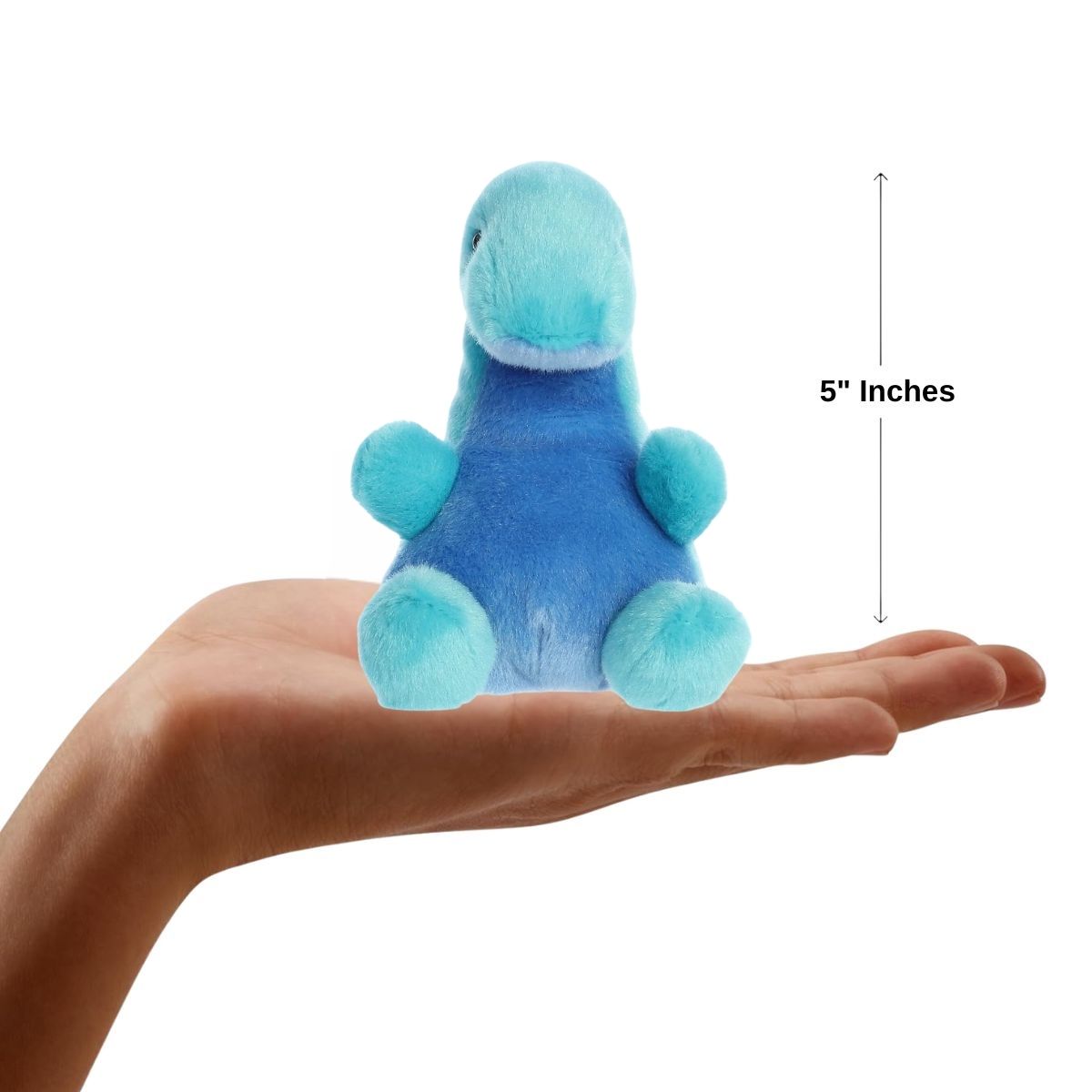 Front view of the mini mythical sea creature plush sitting balanced on a human hand with a dimension line indicating its 5-inch height.