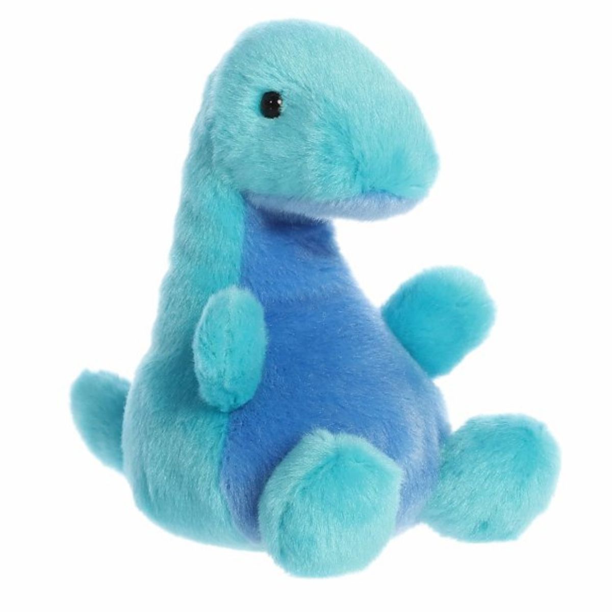 Three-quarter view of the Aurora Palm Pals Glen Loch Ness Monster 5-inch plush sitting upright, featuring aqua blue fur and a deep blue belly patch.