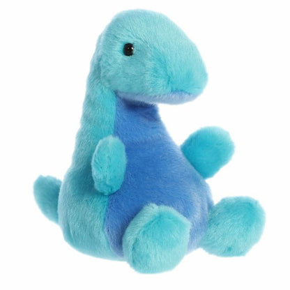 Three-quarter view of the Aurora Palm Pals Glen Loch Ness Monster 5-inch plush sitting upright, featuring aqua blue fur and a deep blue belly patch.