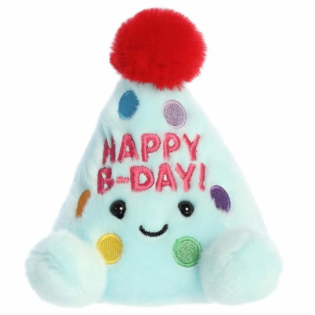 Straight-on front view of the party hat stuffed animal highlighting its embroidered 'HAPPY B-DAY!' text, polka dots, and small blue hands.