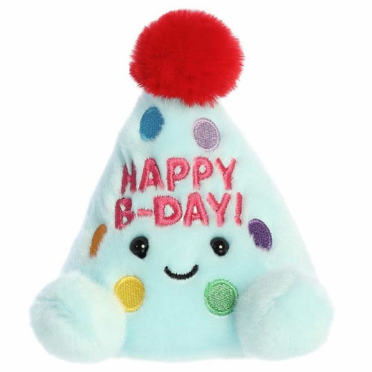 Straight-on front view of the party hat stuffed animal highlighting its embroidered 'HAPPY B-DAY!' text, polka dots, and small blue hands.