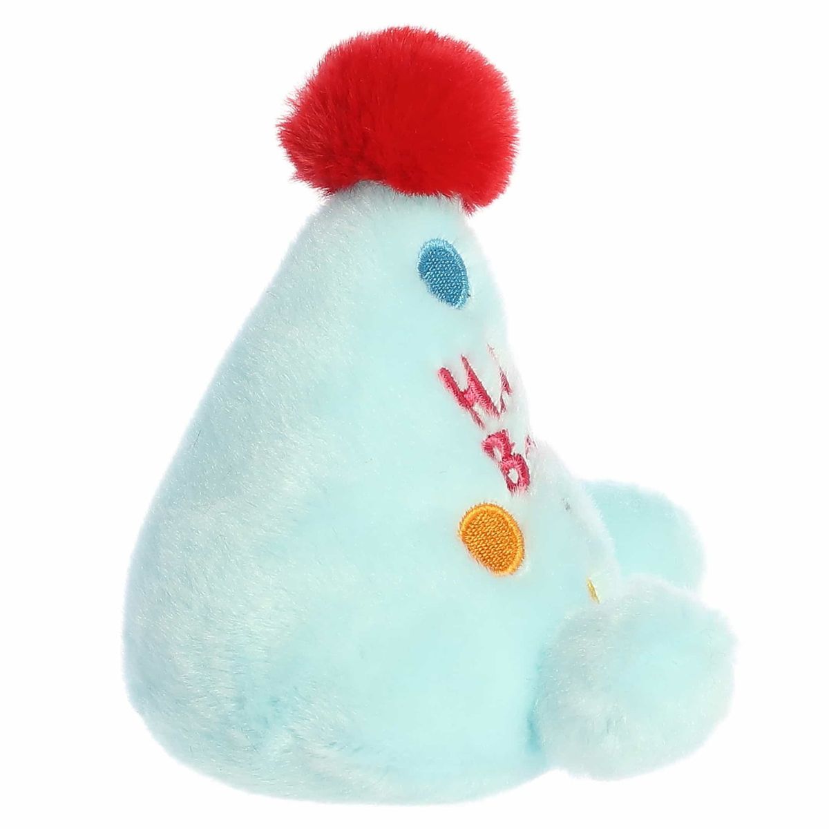 Right side profile view of the cone-shaped party hat plush showing its tapered silhouette and round light blue hand nub.