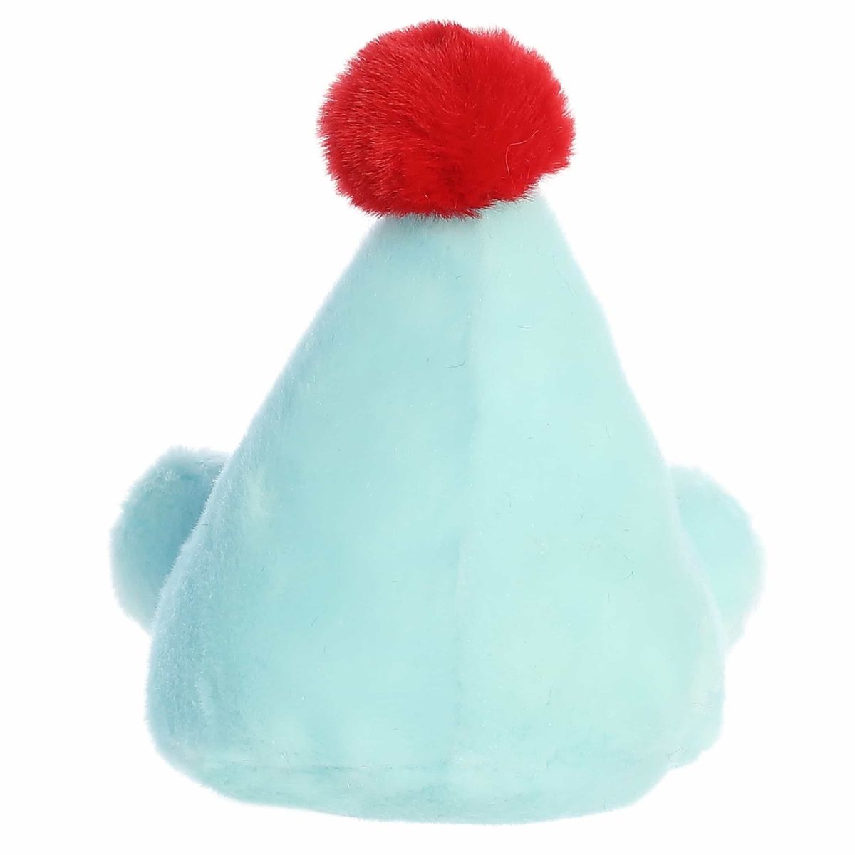 Rear view of the birthday hat plush from behind showcasing its clean sky-blue plush fabric and fluffy red top pom-pom.