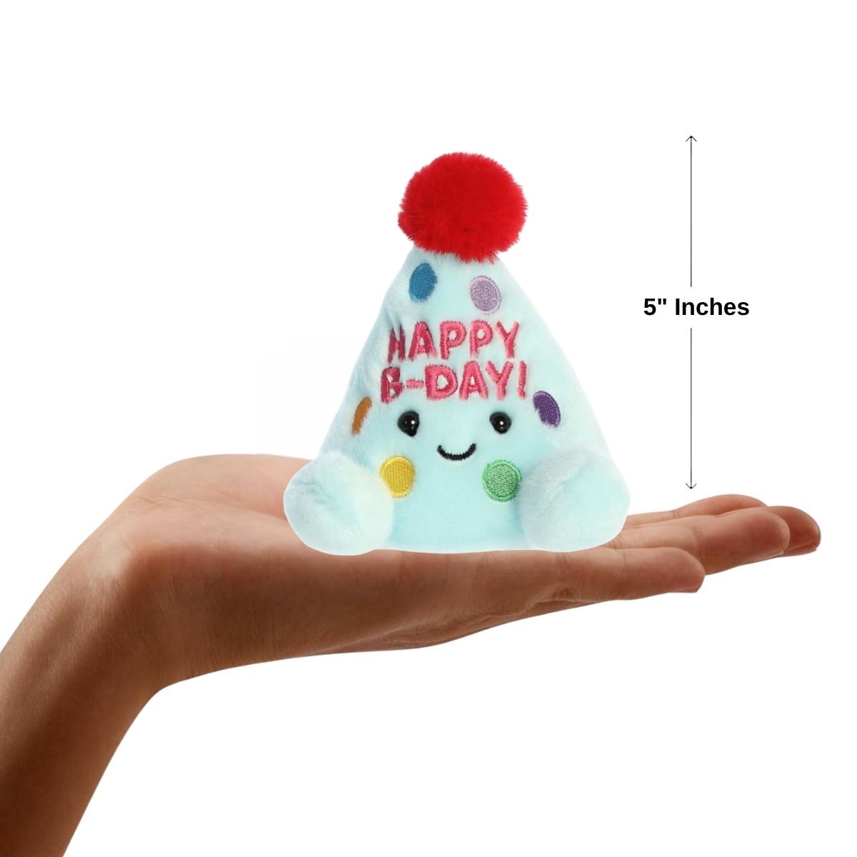 Front view of the mini party hat plush sitting balanced on a human hand with a dimension line indicating its 5-inch height.