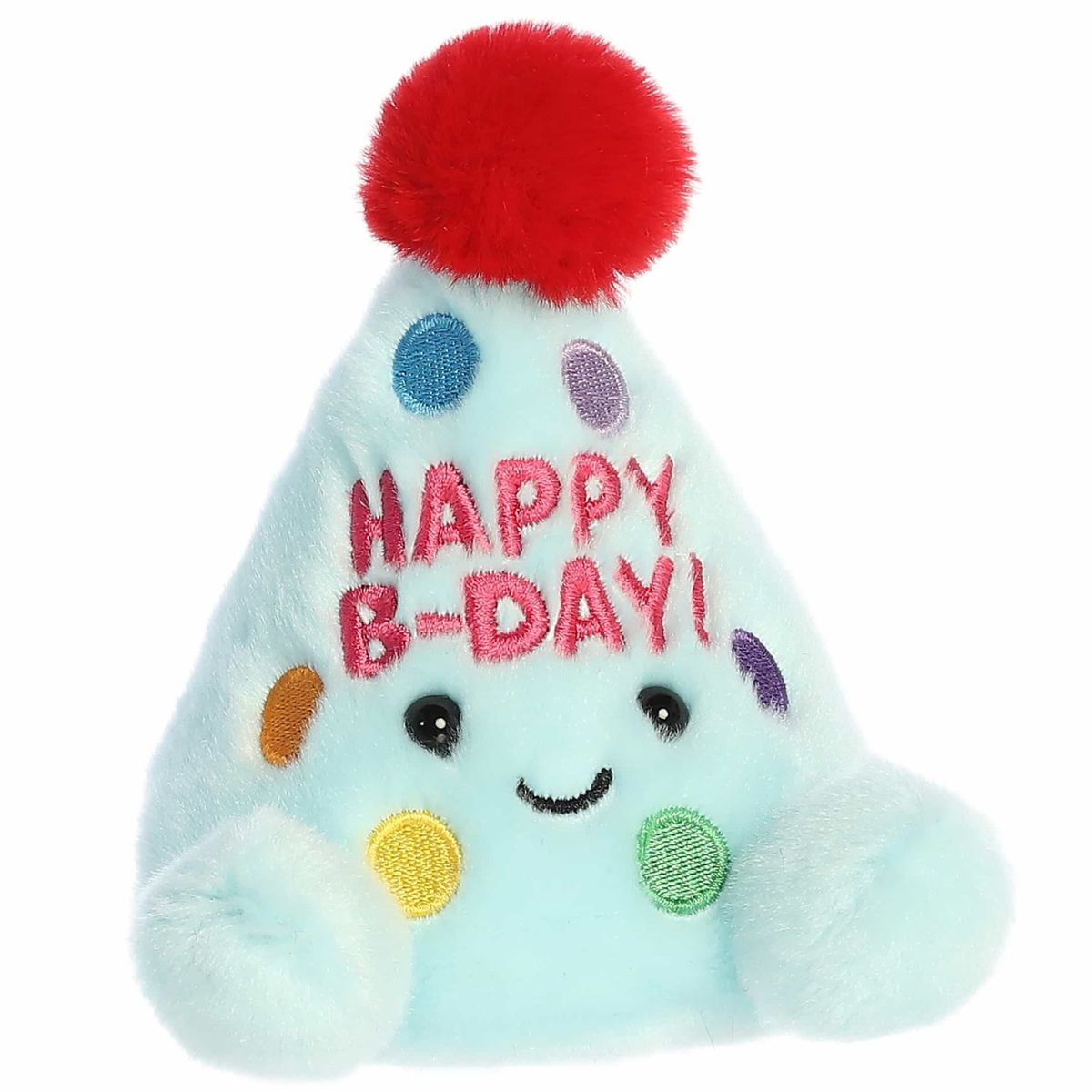 Three-quarter view of the Aurora Palm Pals Viva Happy Birthday Party Hat 5-inch plush sitting upright, featuring blue fur, a red pom-pom, and a stitched message.