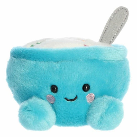 Straight-on front view of the cereal bowl stuffed animal highlighting its sweet stitched smile, dark eyes, and small blue hand nubs.