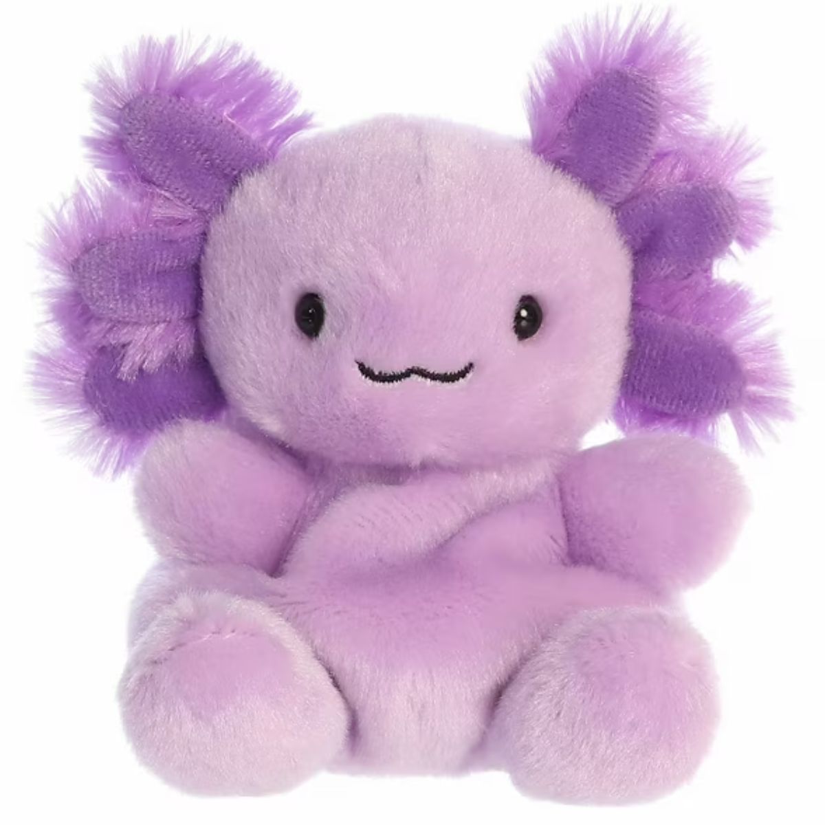 Straight-on front view of the purple axolotl stuffed animal highlighting its sweet wavy smile, dark eyes, and symmetrical fluffy gill stalks.