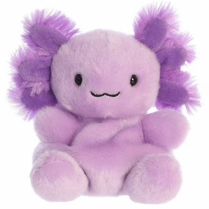 Straight-on front view of the purple axolotl stuffed animal highlighting its sweet wavy smile, dark eyes, and symmetrical fluffy gill stalks.