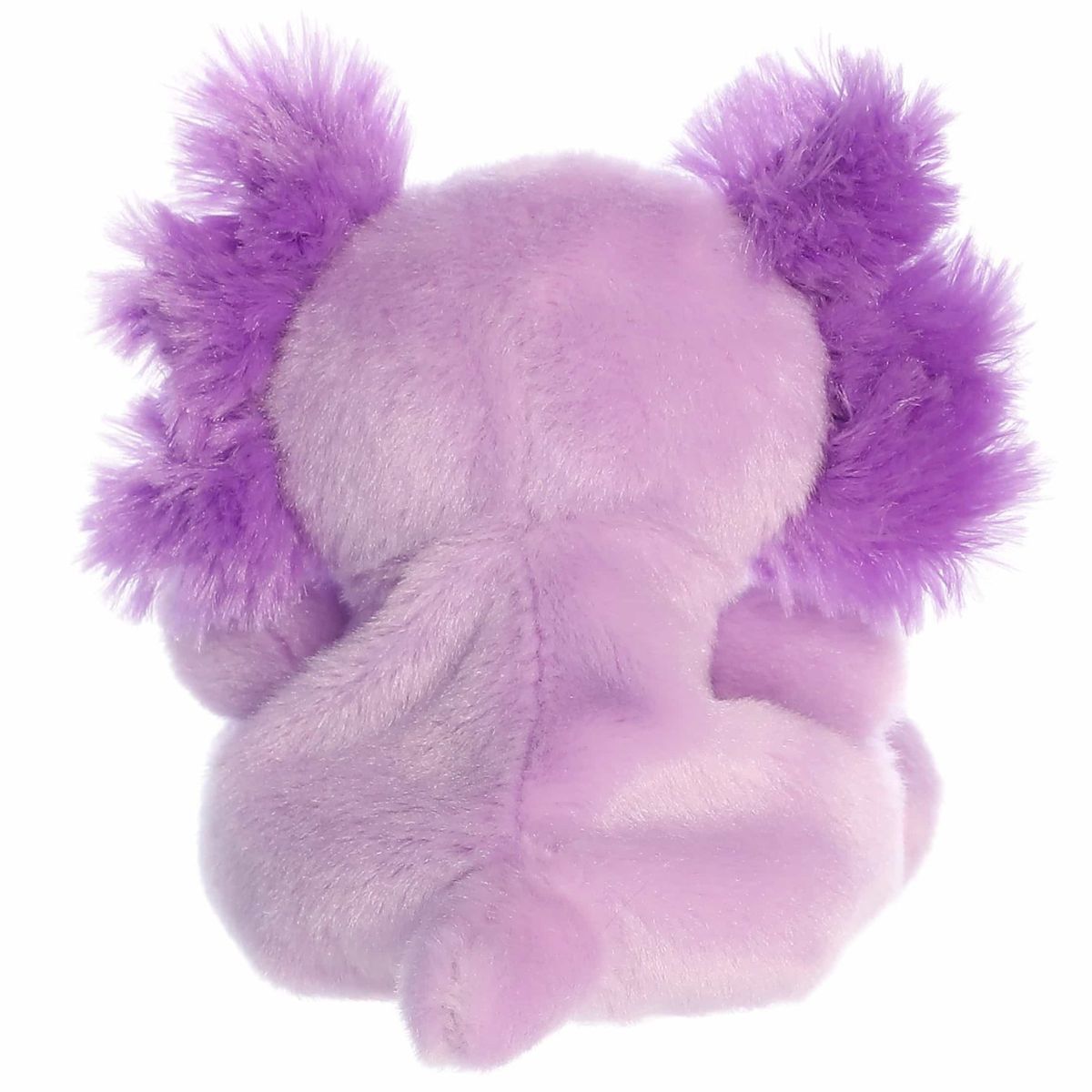 Rear view of the axolotl plush from behind showcasing its clean lavender plush back and the fluffy texture of its purple gills.