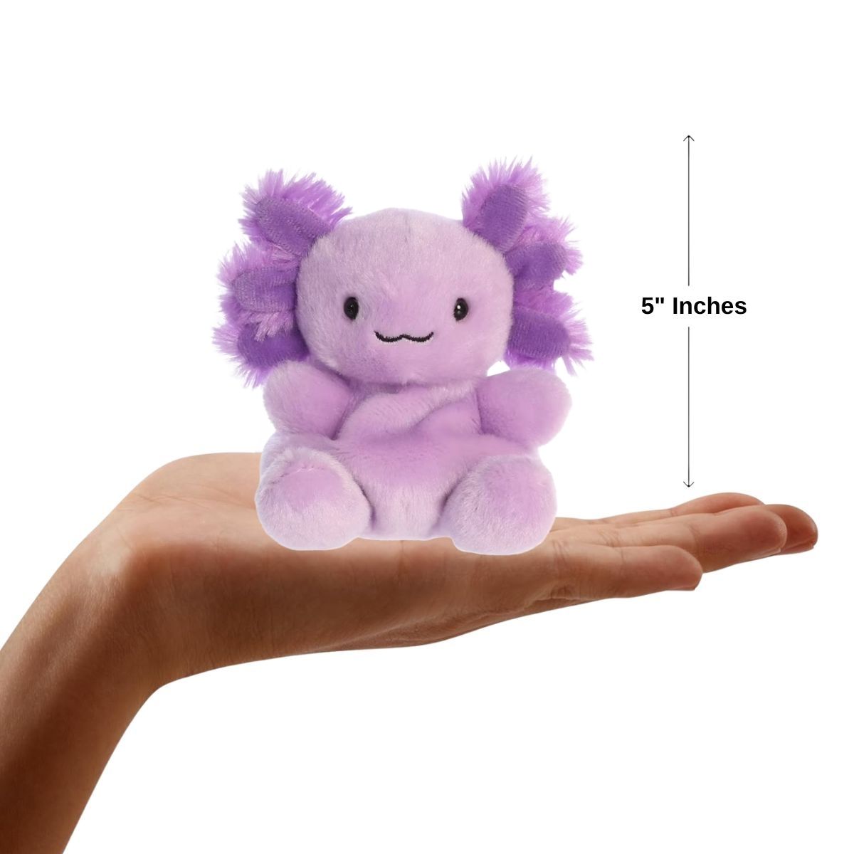 Front view of the mini purple axolotl plush sitting balanced on a human hand with a dimension line indicating its 5-inch height.