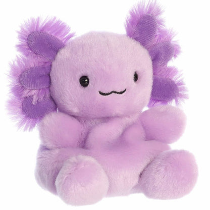 Three-quarter view of the Aurora Palm Pals Xavier Purple Axolotl 5-inch plush sitting upright, featuring lavender fur and fluffy dark purple gills.
