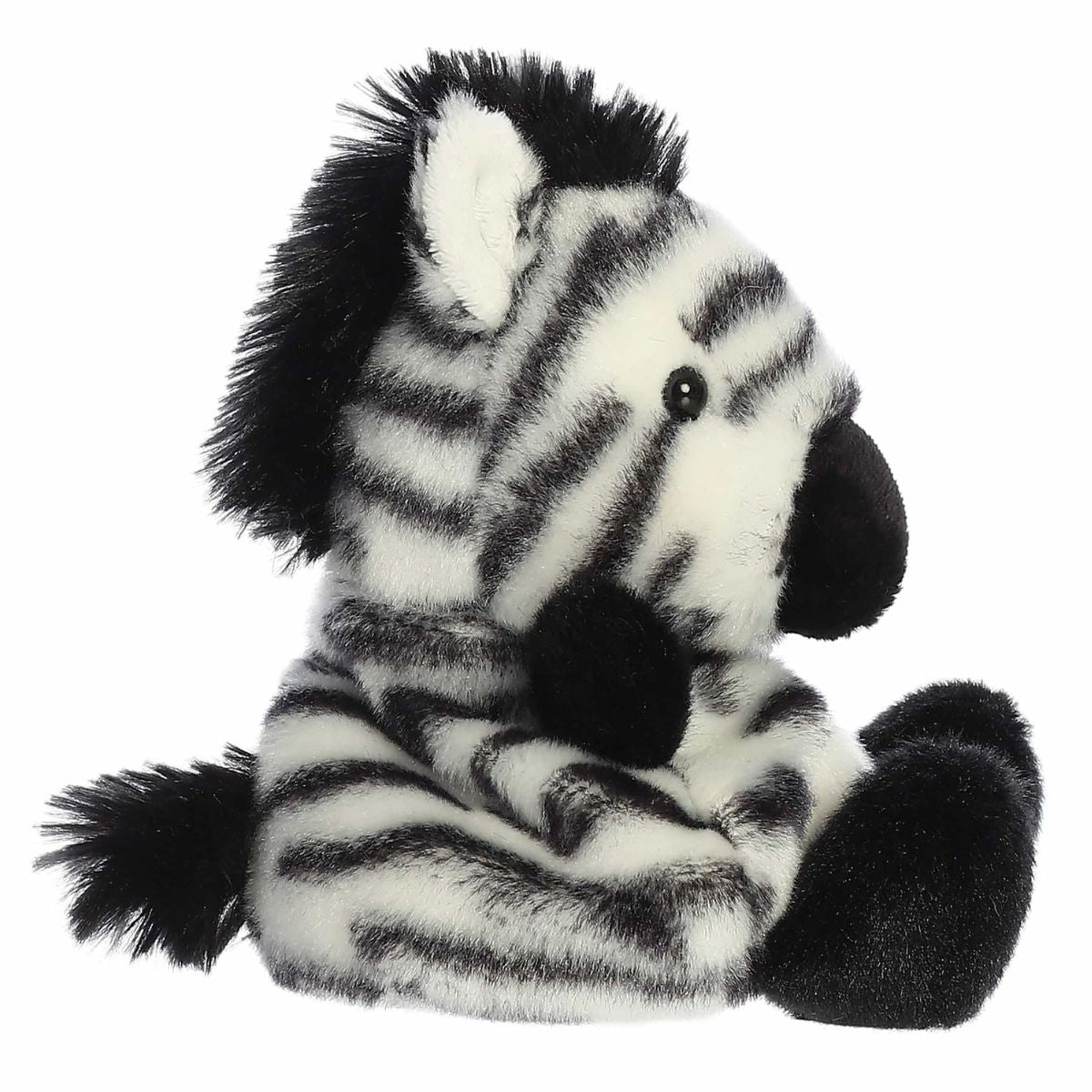 The right side view of the sitting Aurora Palm Pals zebra plush highlighting its black mane and striped pattern.