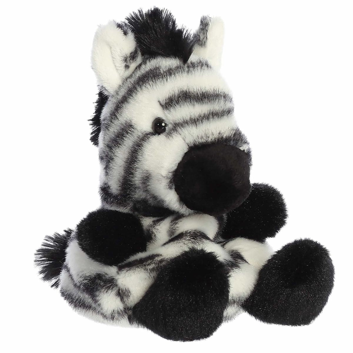 Aurora Palm Pals Grevy 5-inch Zebra plush stuffed toy sitting forward with black and white stripes and black hooves.