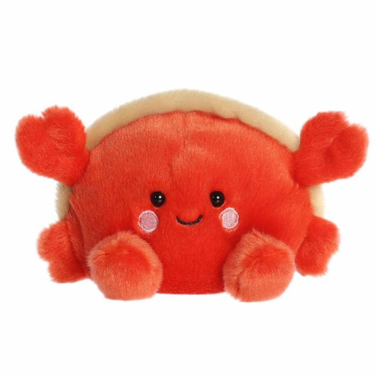 A direct front close-up shot of the mini Tide Hermit Crab plush showing its sweet smiling face and rosy white cheeks.