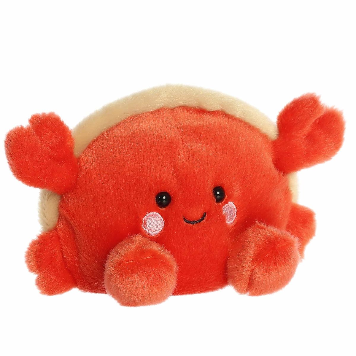 Aurora Palm Pals Tide 5-inch Hermit Crab plush stuffed toy sitting forward with bright red-orange fur and a tan shell.