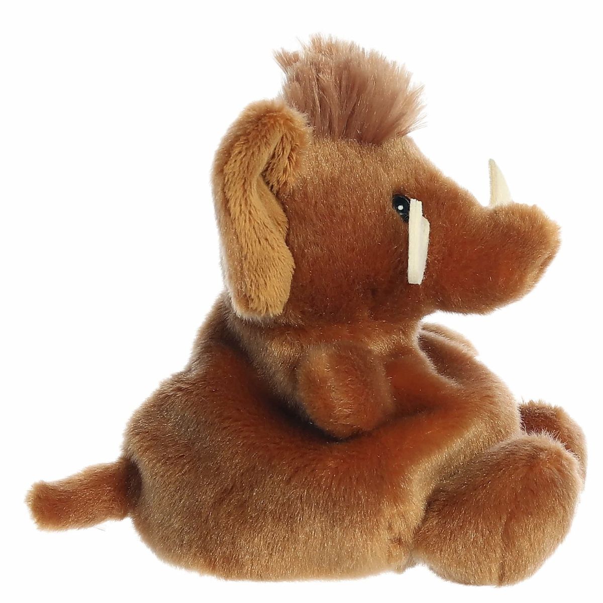 The right side profile view of the sitting Aurora Palm Pals woolly mammoth plush highlighting its relaxed posture and small tail.