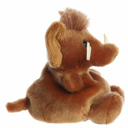 The right side profile view of the sitting Aurora Palm Pals woolly mammoth plush highlighting its relaxed posture and small tail.