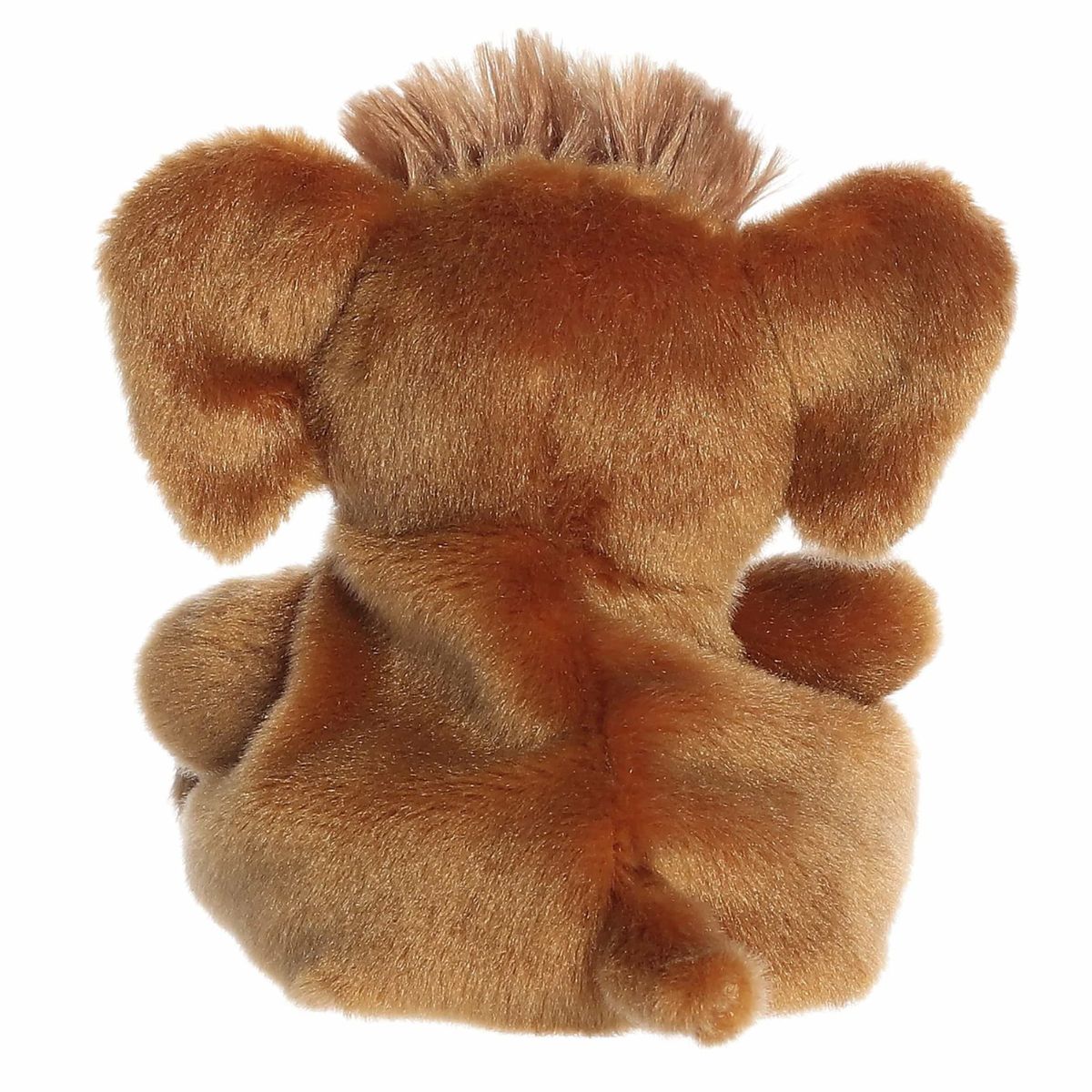 The rear view of the brown Aurora mammoth stuffed animal displaying its soft plush back and large floppy ears.