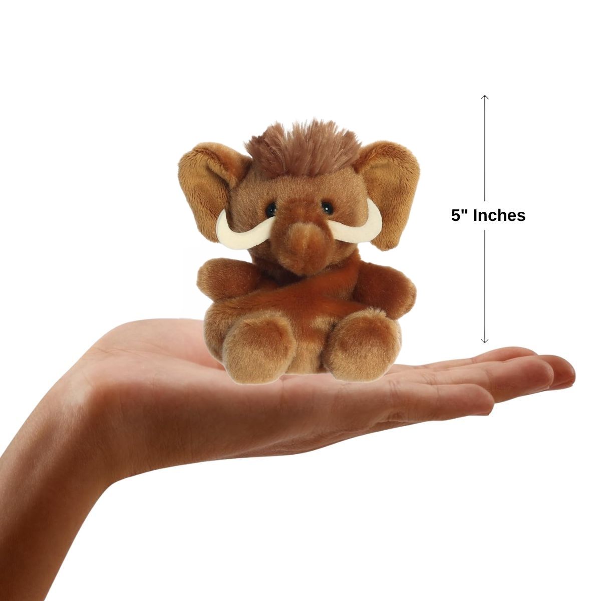 The miniature Mo Woolly Mammoth plush sitting inside an open human hand displaying a 5-inch height indicator graphic.