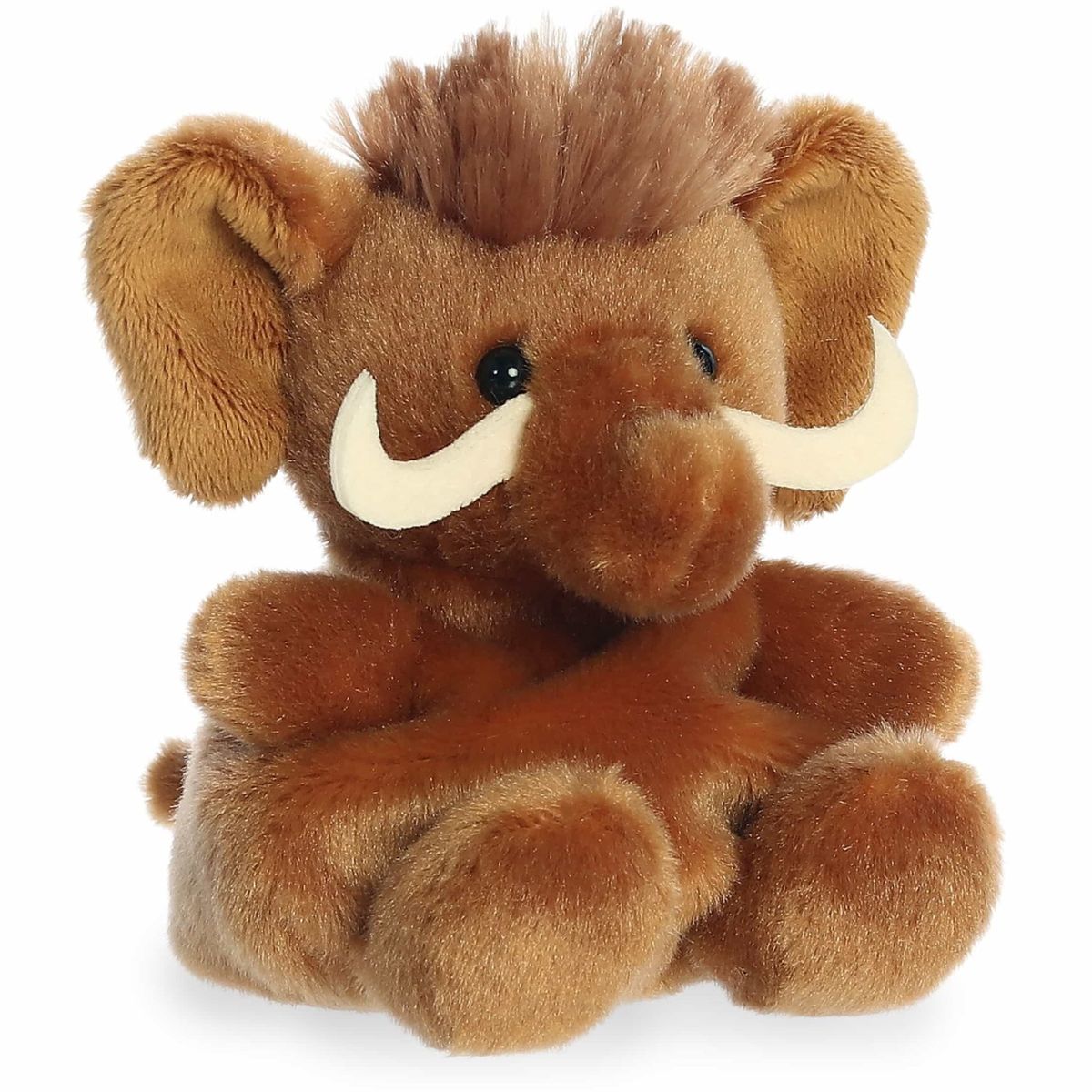 Aurora Palm Pals Mo 5-inch Woolly Mammoth plush stuffed toy sitting forward with brown fur and curved cream tusks.