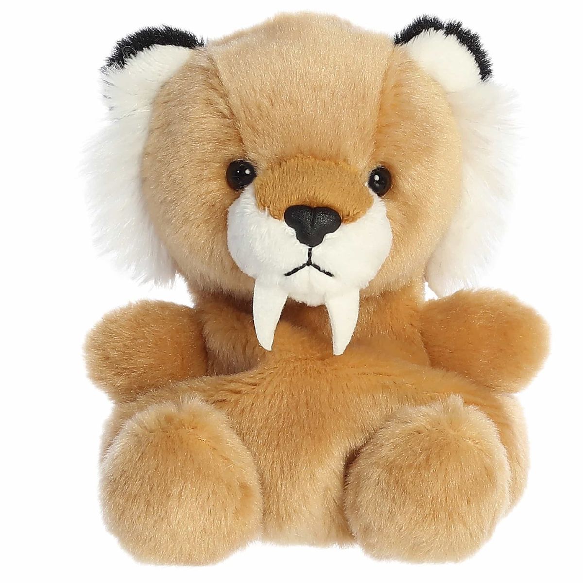 A direct front close-up shot of the mini Ash Saber Tooth Tiger plush showing its black-tipped ears and white fluffy cheeks.