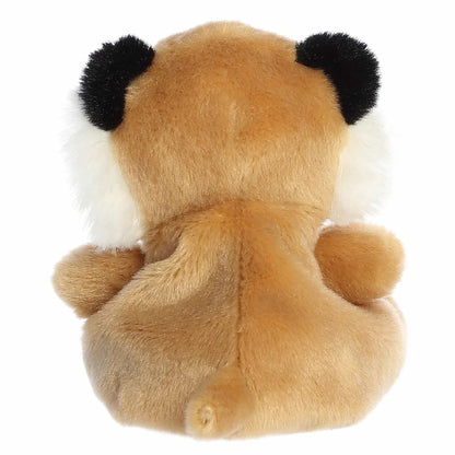 The rear view of the tan Aurora saber-toothed cat stuffed animal displaying its plump shape and tiny tail.